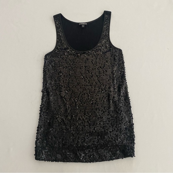 Express Women’s Top XS Sequin Scoop Neck Tank Top Black Party Sparkle Disco - Picture 1 of 5